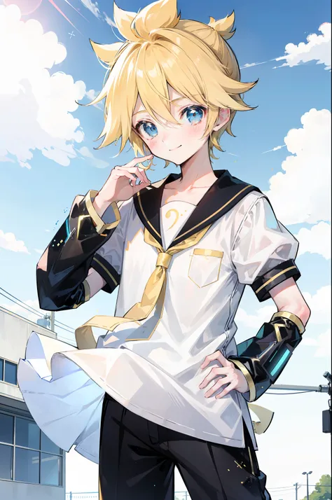 one boy, len_kagamine, pure, innocent, blush, sailor uniform, black short pants, outdoor, cowlick hair, cool, (slender), handsom...