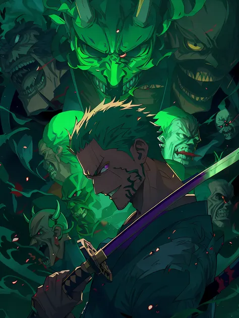 anime character with green hair holding a sword surrounded by skulls, roronoa zoro, badass anime 8 k, anime epic artwork, demon ...