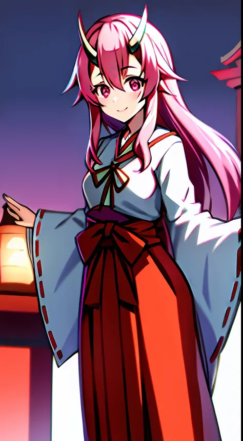 Shuna, 1girl in, hair adornments, Hakama, Hakama skirt, banya, Komono, Kimono, length hair, Look at viewers, shrine maiden, onimous, Demon Horns, Pink eyes, A pink-haired, red eyes, Red Hakama, Red ribbons, ribbon-trimmed sleeves, Ribbon trim, simple backg...