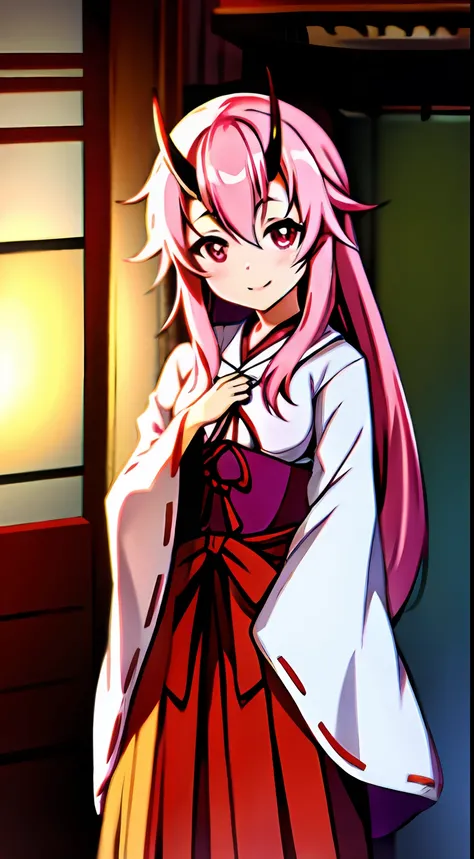 Shuna, 1girl in, hair adornments, Hakama, Hakama skirt, banya, Komono, Kimono, length hair, Look at viewers, shrine maiden, onimous, Demon Horns, Pink eyes, A pink-haired, red eyes, Red Hakama, Red ribbons, ribbon-trimmed sleeves, Ribbon trim, simple backg...