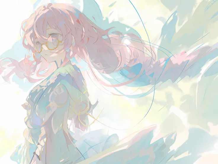 anime girl with long pink hair and glasses in a field, soft anime illustration, by shingei, pastel coloring, colorful sketch, ze...