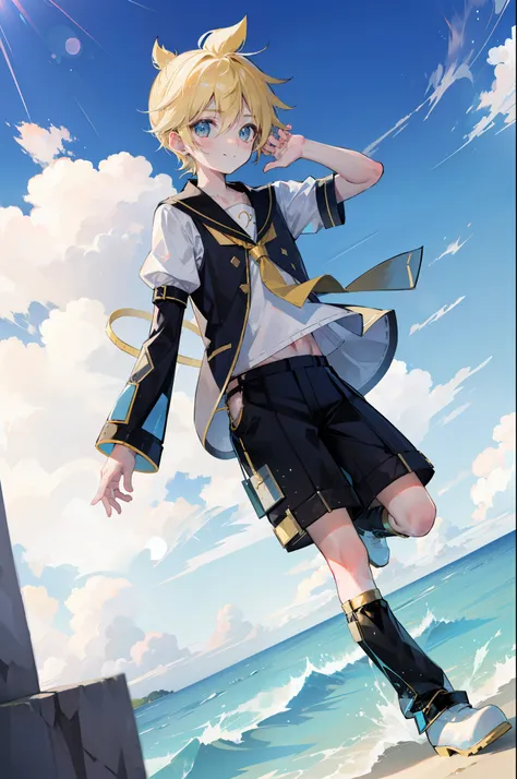 one boy, len_kagamine, pure, innocent, blush, sailor uniform, black short pants, outdoor, cowlick hair, cool, slender, handsome,...