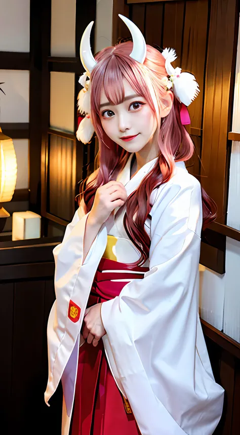 Shuna, 1girl in, hair adornments, Hakama, Hakama skirt, (white horns:1.4) Komono, Kimono, length hair, Look at viewers, shrine maiden, onimous, Demon Horns, Pink eyes, A pink-haired, red eyes, Red Hakama, Red ribbons, ribbon-trimmed sleeves, Ribbon trim, s...