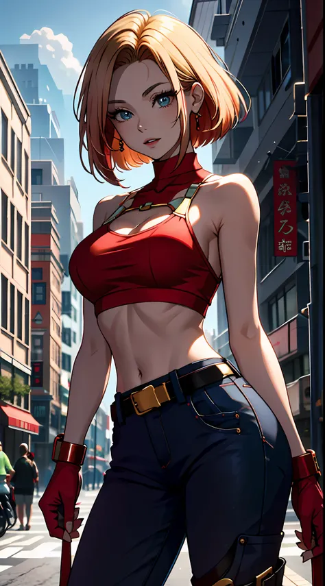 tmasterpiece,, Best quality at best, A high resolution, 1girll,Off-the-shoulder attire,, with short golden hair,Red clothes,mary,hason, Crop top, (Breast width1.4), nabel,Fighting posture,cyber punk perssonage,City streets