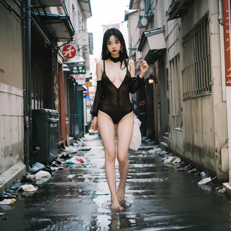 90s flash photo，1girll, solo,at night,a woman standing in a dim alley flirting，(full bodyesbian:1.5),wet,transparent,(sensual li...