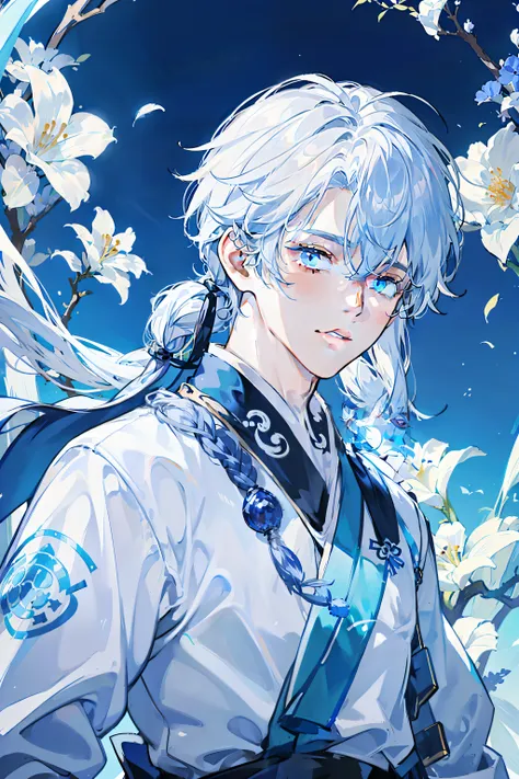 draw a cold young male avatar，wearing a hanfu，blue and white are the main colors，the pose is located on the left side，has long w...