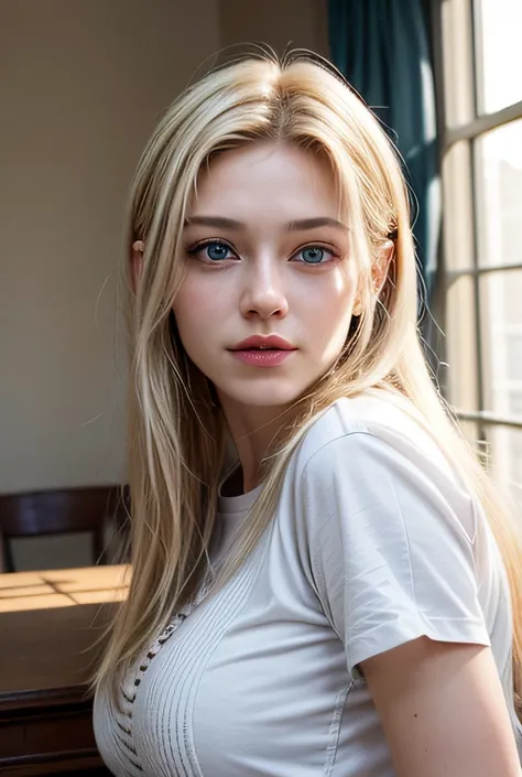 caucasian female, european, blonde hair, pretty face, medium breast, white skin, light from the side, sitting, eblue eyes, smile...