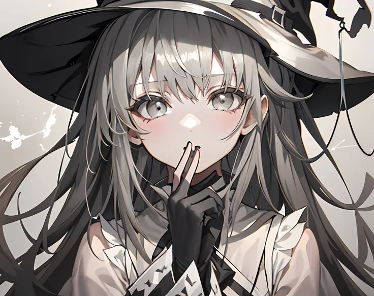 【highest quality, masutepiece】 [girl, manteau, expressioness, gray eyes, front facing, long hair, witch, upper body] (gray white...