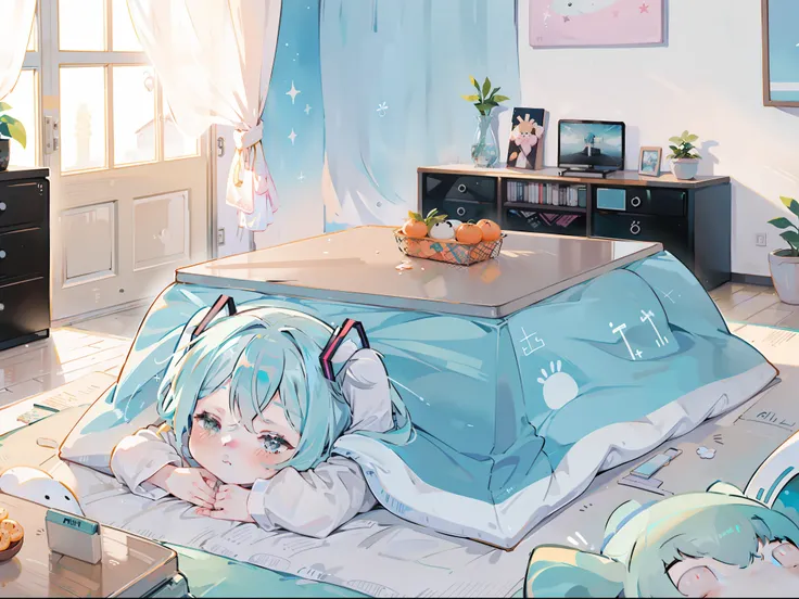 1 girl in, ((miku hatsune))、sleep、kotatsu, the table, sleepeace, down face, light blue hair, winters, upper body,mikan, reflecti...