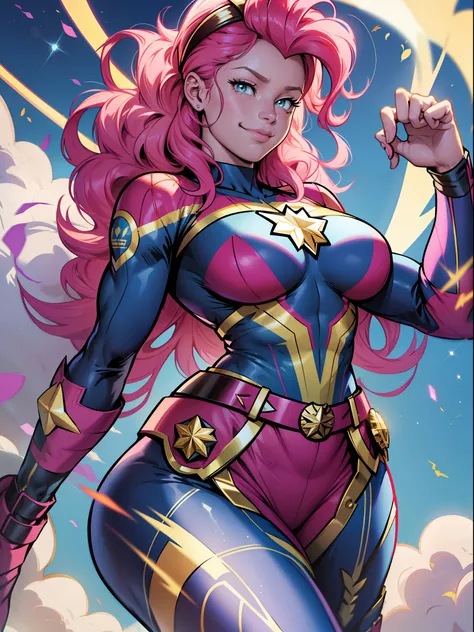 pinkie pie, huge-breasts, lush breasts, elastic breasts, hairlong, luxurious hairstyle, in the costume of captain marvel, pink b...