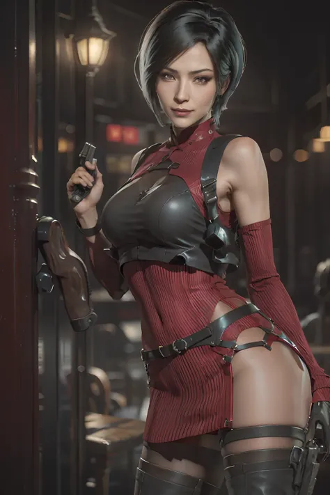 1 rapariga， 独奏， ada wong in the resident evil 4 remake， short detailed hair， brunette color hair， red cheongsam， short-sleeved s...