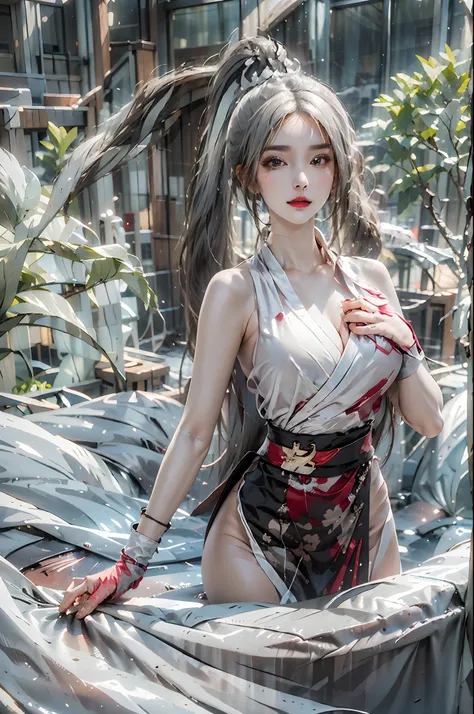 photorealistic, high resolution, 1women, solo, hips up, look at viewer, (detailed face), white hair, long hair, shiranui_mai_suit, pelvic curtain,hand fan, huowu