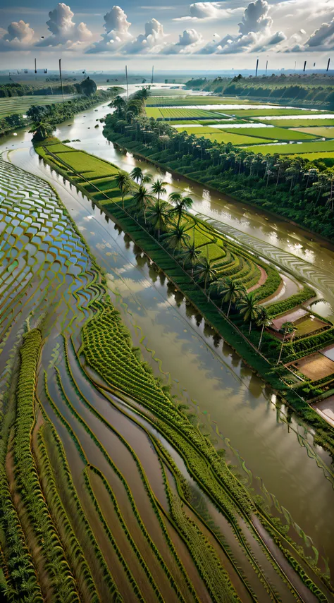 a stunning picture as the morning light gently shines through lush green rice fields, creating a picturesque and rustic scene in...