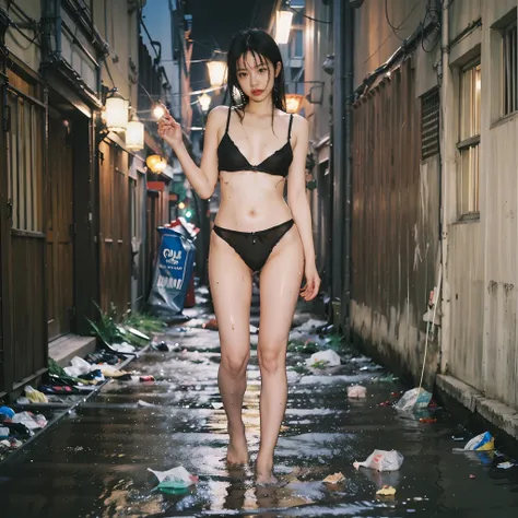 90s flash photo，1girll, solo,at night,a woman standing in a dim alley flirting，(full bodyesbian:1.5),wet,transparent,(sensual li...