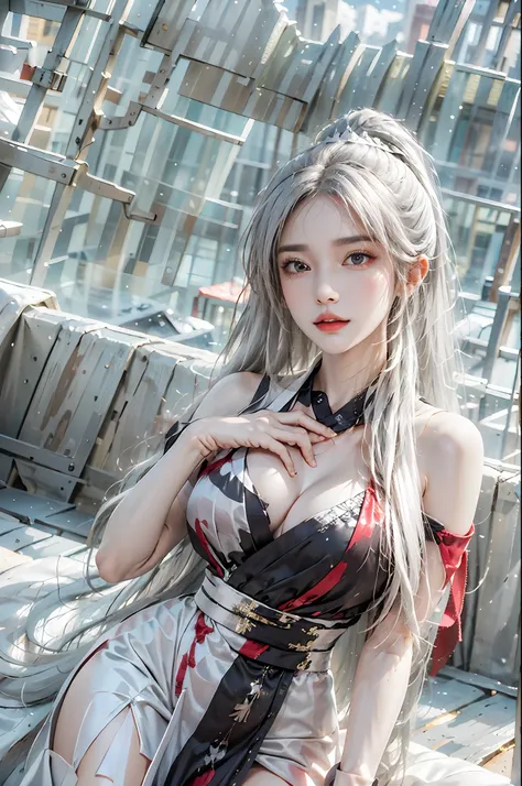 photorealistic, high resolution, 1women, solo, hips up, look at viewer, (detailed face), white hair, long hair, shiranui_mai_suit, pelvic curtain,hand fan, huowu