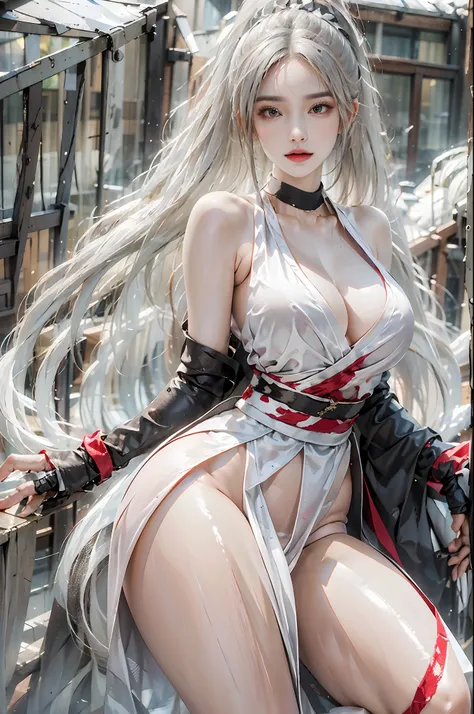 photorealistic, high resolution, 1women, solo, hips up, look at viewer, (detailed face), white hair, long hair, shiranui_mai_sui...