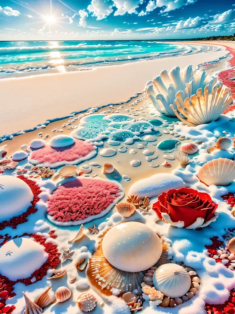 delicate scene,depth of field, 8K, The ivory sky,white clouds,and sunlight shine on the snow-white beach. The coral sea,and many colorful tinny shells on the beach,red roses, roses focus,