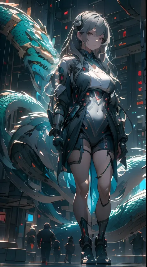 ((A futuristic)), ((mito)), ((fanciful)),Machinary,1girll, Cyberpunk urban environment, gray-haired girl,Avant-garde clothing, Surrounded by mechanical Asian dragons, (neonlight:1.2), (cybernetically enhanced:1.1), (Fine dragon scales:1.1), (action-packed ...