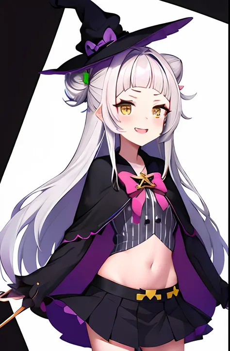 masutepiece, Best Quality, hight resolution, Ashion, 1girl in, Long hair, (Single hair bun:1.1), short eyebrows, shairband, Witch Hat, pink bowtie, black capelet, Pinstripe shirt, Long sleeves, Midriff, Black skirt, Miniskirt, striped thigh, aged down, Cow...