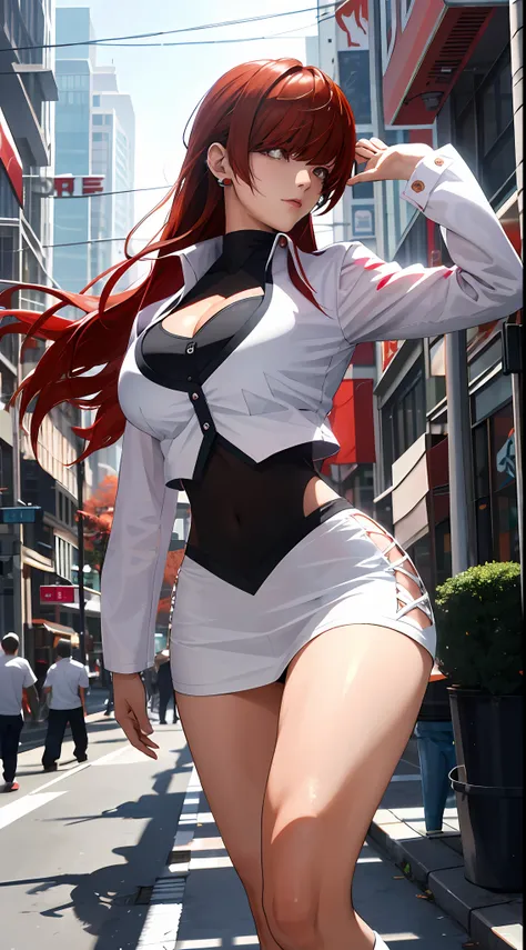 tmasterpiece,, best quality at best, a high resolution, 1girll， red tinted hair，white  clothes，hason, crop top, (large breasts 1...