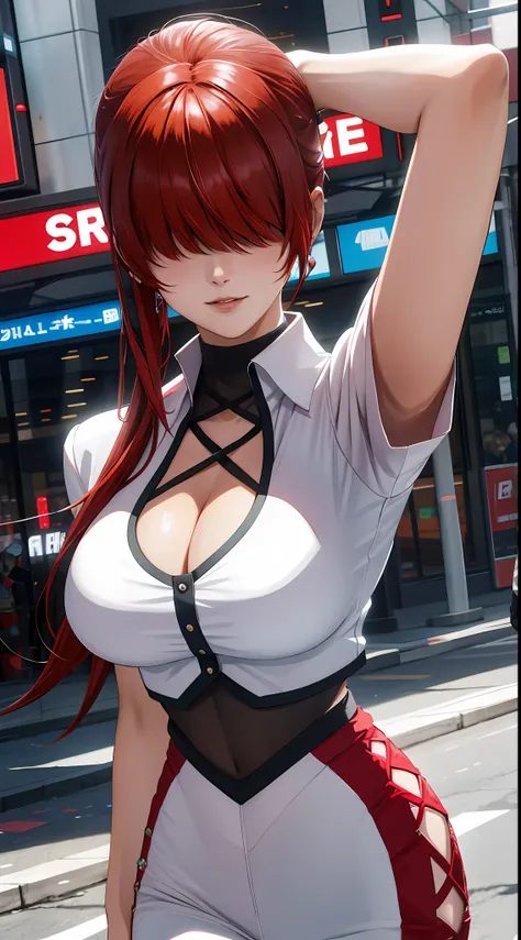 tmasterpiece,, Best quality at best, A high resolution, 1girll， red tinted hair，white  clothes，hason, Crop top, (Large breasts 1.4), nabel，Fighting posture，cyber punk perssonage，City streets