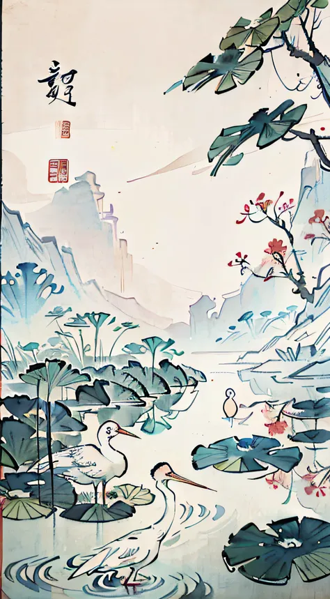 white crane painting in lotus pond, chinese brush illustration, chinese painting style, chinese traditional painting, chinese tr...