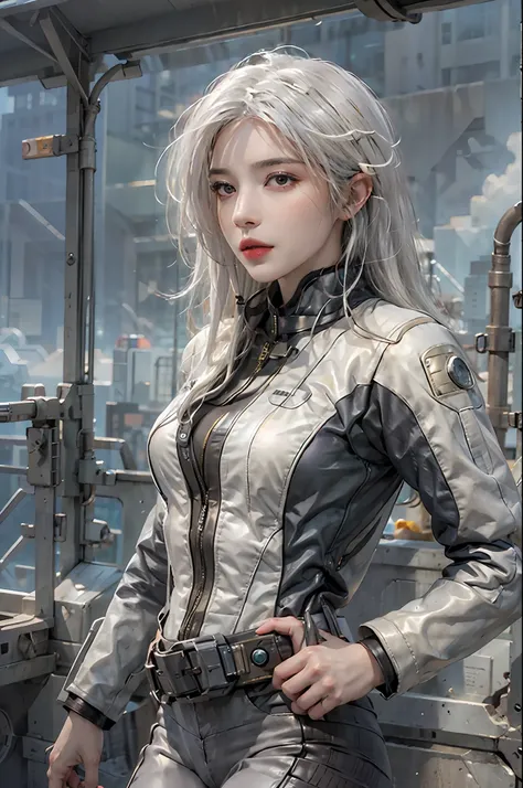 photorealistic, high resolution, 1women, solo, hips up, look at viewer, (detailed face), white hair, long hair, vaultsuit pipboy...