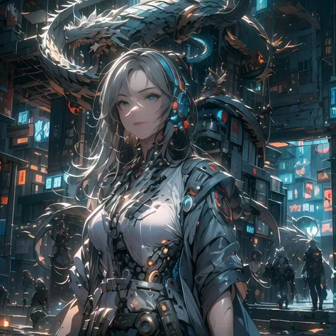 ((A futuristic)), ((mito)), ((fanciful)),Machinary,1girll, Cyberpunk urban environment, gray-haired girl,Avant-garde clothing, (Surrounded by mechanical Asian dragons:1.5), Mechanical dragon,(neonlight:1.2), (cybernetically enhanced:1.1), (Fine dragon scal...