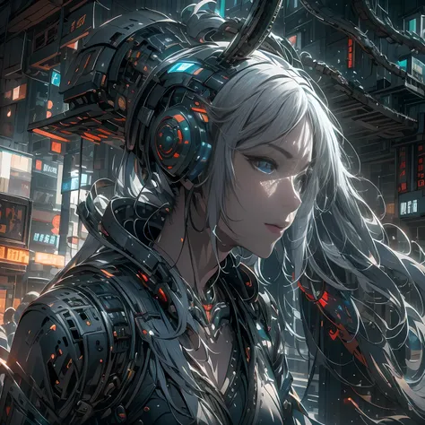 ((A futuristic)), ((mito)), ((fanciful)),Machinary,1girll, Cyberpunk urban environment, gray-haired girl,Avant-garde clothing, (Surrounded by mechanical Asian dragons:1.5), Mechanical dragon,(neonlight:1.2), (cybernetically enhanced:1.1), (Fine dragon scal...
