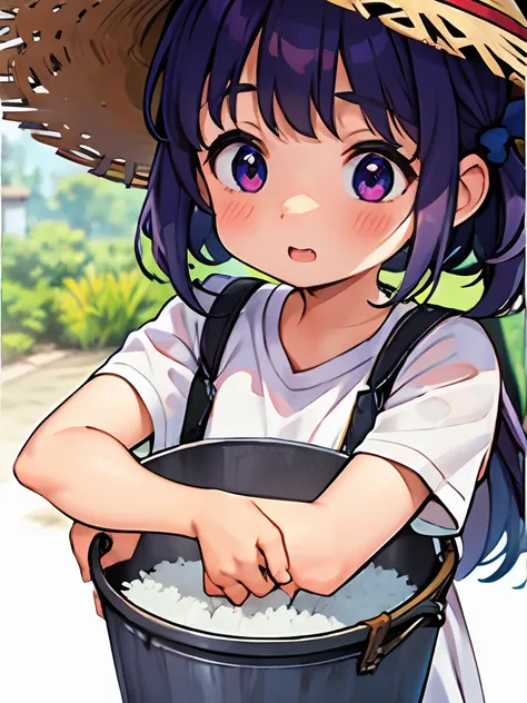 a cute little girl with a toot face，hold a bucket in both hands，the bucket was filled with rice，rice in a drooling bucket