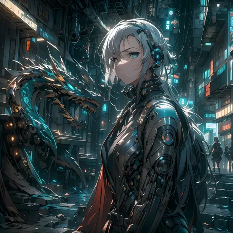 ((A futuristic)), ((mito)), ((fanciful)),Machinary,1girll, Cyberpunk urban environment, gray-haired girl,Avant-garde clothing, (Surrounded by mechanical Asian dragons:1.5), Mechanical dragon,(neonlight:1.2), (cybernetically enhanced:1.1), (Fine dragon scal...