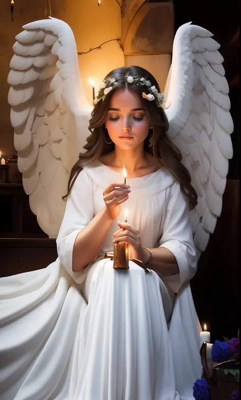 lindo anjo com roupas claras, cabelos loiros. sitting at a table with several lit candles. mystical and mysterious environment. ...