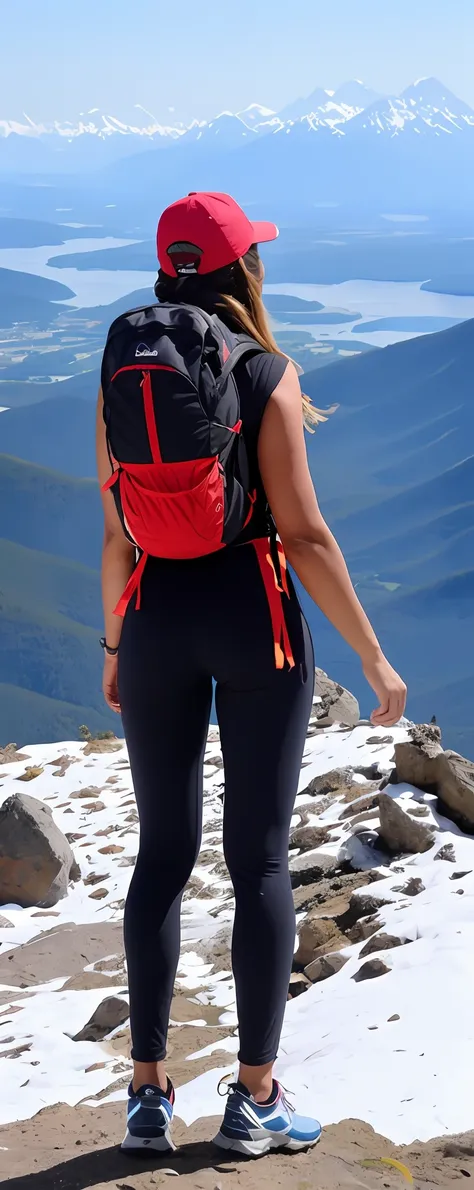 arafed woman with a backpack standing on a mountain, roupas de caminhada, cintura - tiro, girl standing on mountain, com montanh...