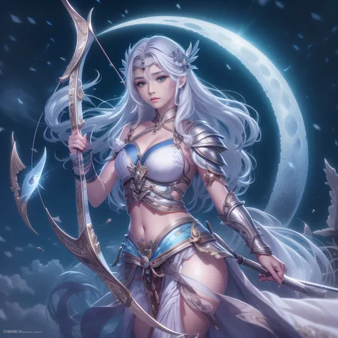 (archer girl dressed in armor like an enchanting moon goddess),(realistic beautiful night sorceress),(artemis, goddess of the mo...