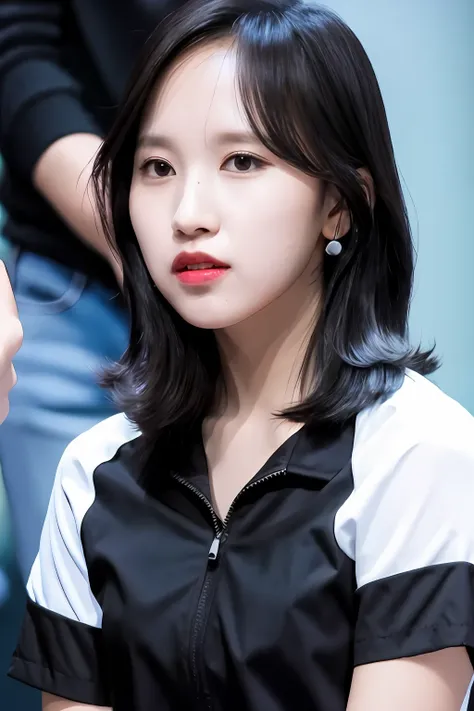 mina，black color hair，white shirt