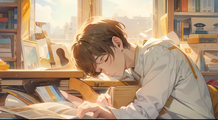 a young male artist with short brown hair sleeping, study , golden light, guitars, musical instruments, white cat, different eye...