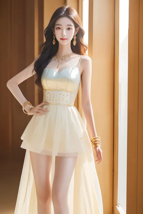 (8k, RAW photo, best quality, masterpiece:1.2),(realistic, photo-realistic:1.37),photon mapping,professional lighting,radiosity,(fashionably dressed:1.5)),(idol:1.4),1girl,solo,long_hair,(watch:1.1),(bracelet:1.1),(long legs:1.2),(earrings:1.1),full_body,(...