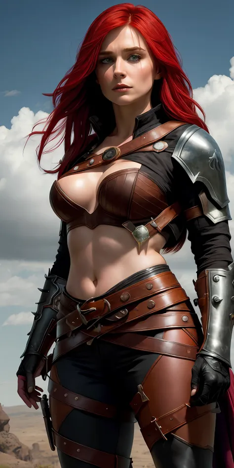 masterpiece, best quality, katarina, face of young bryce dallas howard, (scar over eye), armor, cropped jacket, cleavage, bustie...