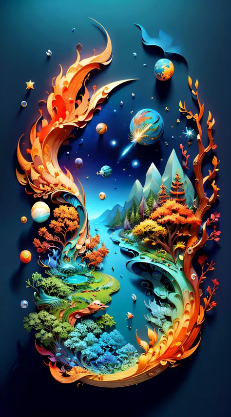 (((masterpiece))),best quality, illustration, earth, water ,fire, wind , space  , paper_cut,