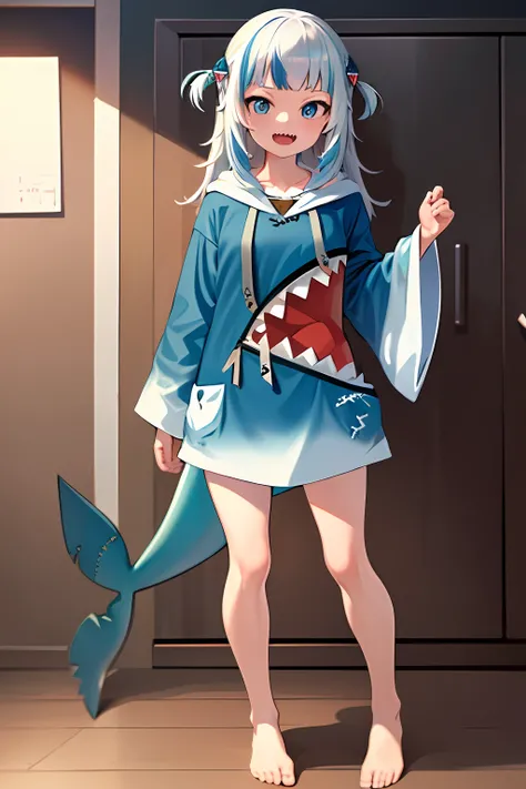 ((masterpiece)), (best quality), (detailed), (1 girl), gawr gura, shark girl, shark hair ornament, blue hoodie, shark tail, shark print, :d, sharp teeth, standing, barefoot, bedroom