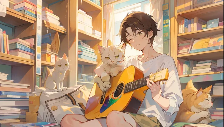 A young male artist with short brown hair sleeping, study , golden light, guitars, musical instruments, one white cat, different eye color, bookshelves high to the roof, soft dream scene, light brown and yellow, bright palette, wide bright yellow, animated...