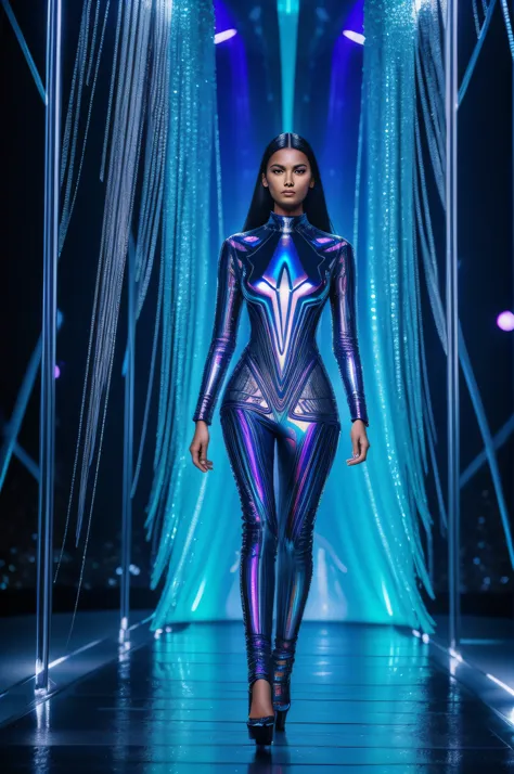 a confident fashion model gracefully walks down a futuristic runway, showcasing a stunning dress made entirely of water bottle c...