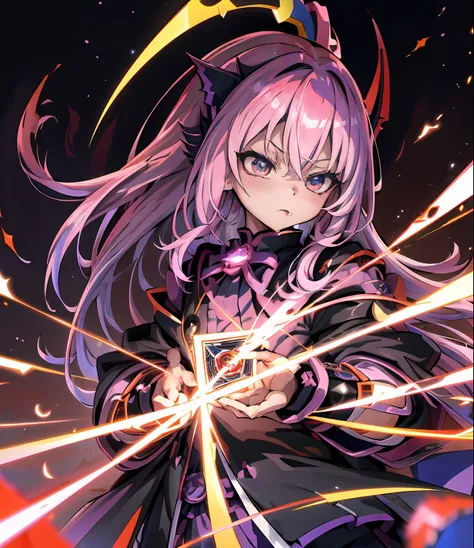 masutepiece、Ultra-high-definition digital art、(遊戯王)、1girl in、Iridescent hair、straight haired、High School Uniform、(Summon Black Magician Girl from cards)、(Black Magician Girl 1)、Crystal clear skin、kawaii eyes、、perfect hand、intricate detailes、sharpnes、A sexy...