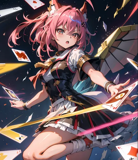 masutepiece、Ultra-high-definition digital art、(遊☆戯☆王デュエル)、1girl in、Iridescent hair、straight haired、High School Uniform、(Duel Disk)、(5 cards in one hand、One card in one hand)、Crystal clear skin、kawaii eyes、、perfect hand、intricate detailes、sharpnes、A sexy、遊☆...