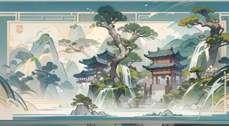 antique game scene design，florals，bamboo forest，a blue sky，white cloud，chinese ink painting oc rendering sculpture