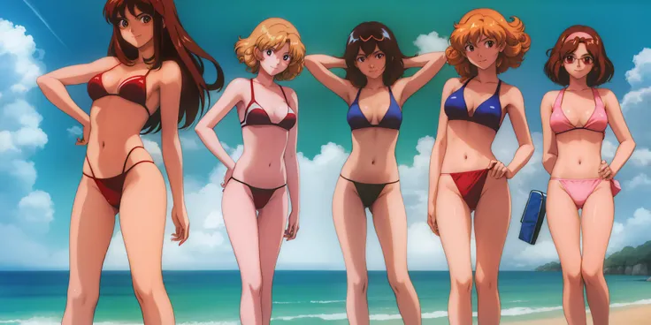 RETRO ARTSTYLE, 1990S (STYLE), ((Thousands of, millions of, crowd of)), 100girls,crowded, teenagers, long hair, brown hair, curly hair, hazel eyes, pink bikini, sexy, many rows of girls, girls standing in formation, only girls, sisters, identical bikinis, ...