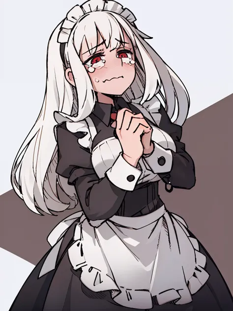 A girl frontal,((full bodyesbian,Long curly white hair,the maid outfit,streaming tears)),Calf white silk,Put your hands in front,Young, White background