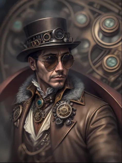 (steampunk),close up, 1man, man in the hat and round steel gear, sunglasses, victorian coat, shiny skin, ((steampunk, zeppelin))...