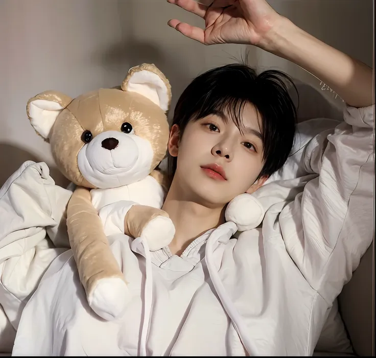 （handsome chinese guy：1.5）there was a little boy sleeping in bed with a teddy bear, male ulzzang, cai xukun, sleeping, arte mist...