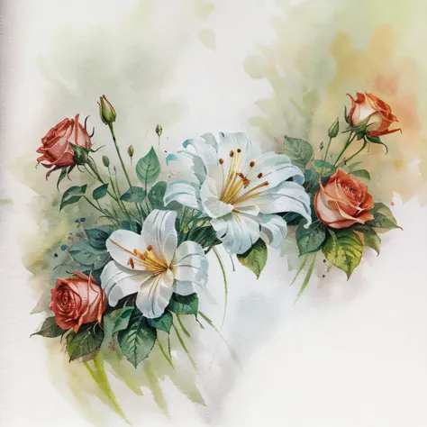 watercolor, illustrations, the paper base is decorated with roses and lilies, white background,